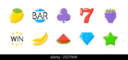 Icônes Pixel art de fruits, symboles et objets dans le style rétro 8 bits. Les icônes colorées comprennent un citron, un diamant et le numéro sept. Illustration de Vecteur