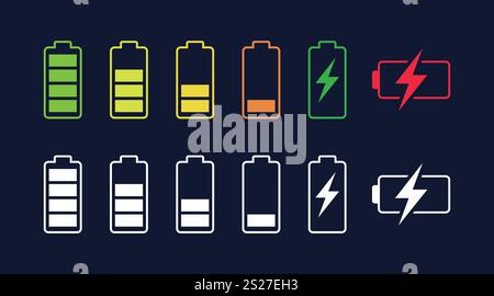 Icônes de charge de la batterie à plat en plusieurs couleurs. Charge de la batterie, indicateur de charge. Icône vectorielle d'une batterie complètement chargée. Illustration de Vecteur