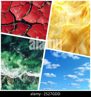 Collage d'images des 4 éléments de la nature fond coloré Banque D'Images