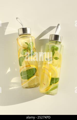 Citron eau avec menthe en bouteille sur table blanche, vue de dessus Banque D'Images