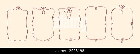 Ensemble de cadres élégants et fantaisistes dessinés à la main avec des motifs de ruban ondulé, ondulé et bouclé avec des noeuds dans les styles vintage et rétro. Illustration de Vecteur