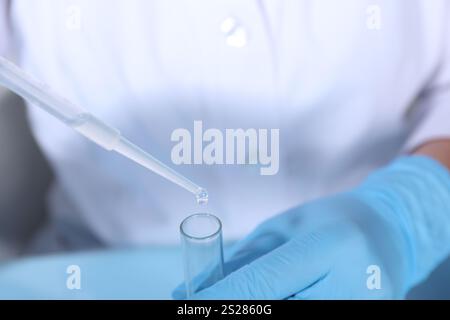 Tests en laboratoire. Scientifique égouttant l'échantillon de la pipette dans le tube à essai, gros plan Banque D'Images