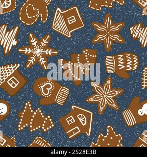 Motif vectoriel sans couture de cookies de Noël avec maison en pain d'épice, mitaines, tissu textile de flocon de neige. Illustration vectorielle Illustration de Vecteur