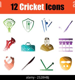 Ensemble d'icônes de cricket. Design couleur du dégradé. Vector illustration. Banque D'Images