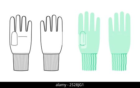 Gants poignet au-dessus de la longueur tricot côtelé manchette, menthe dessin animé et esquisse contour accessoire de main de mode vêtements illustration technique vêtement. Vecteur pour les femmes hommes, modèle plat unisexe modèle CAD maquette Illustration de Vecteur