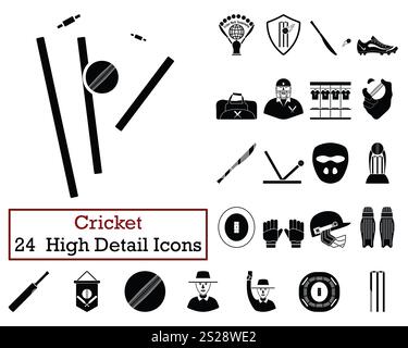 Jeu de 24 icônes de Cricket. Monochrome Couleur design. Vector illustration. Banque D'Images