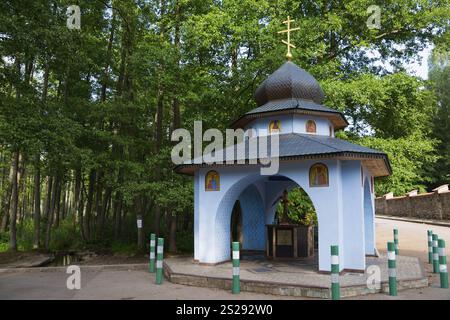 Une petite chapelle orthodoxe bleue avec un dôme et des icônes dans la forêt, puits de la source Sainte, Grabarka, Province de Siemiatycze, Voïvodie de Podlaskie, Podl Banque D'Images