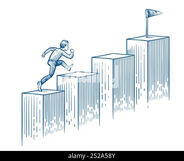 Homme d'affaires en train de monter les escaliers. Homme marchant vers la cible. Carrière de succès et opportunité d'affaires concept de vecteur dessiné à la main. Courez l'homme sur le ILL de croissance d'escalier Banque D'Images