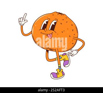 Dessin animé rétro groovy mandarine fruit personnage dans des baskets, respire l'ambiance rétro funky avec un sourire effronté. Vecteur isolé mûr et joyeux orange tropicale ou mandarine pointage de personnage Illustration de Vecteur