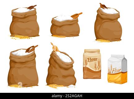 Sacs de farine, paquets et sacs avec des grains de blé et de riz, ferme de céréales vectorielles et nourriture de boulangerie. Vieux sacs de toile de jute de dessin animé et sacs en papier avec farine blanche, pelle en bois rustique, épis de blé et épillets de riz Illustration de Vecteur