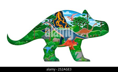 Silhouette de dinosaure coupé en papier avec paysage préhistorique. Bannière vectorielle de coupe de papier de dinosaures jurassique. Styracosaurus, eoraptor, shunosaurus, pelorosaurus, animaux reptiles pteranodon personnages mignons Illustration de Vecteur