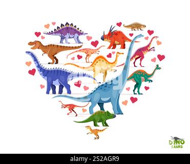 En forme de coeur, j'adore la bannière des dinosaures. Bannière de personnages vecteurs reptiles éteints avec titanosauria de l'ère Jurassique, velociraptor, avaceratops et alvarezsa Illustration de Vecteur