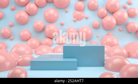 Scène abstraite avec podium bleu, piédestal ou scène sur fond bleu et bulles roses. Illustration 3D. Image parfaite pour placer votre texte ou desi Banque D'Images