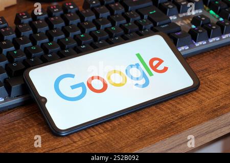 Canada. 06 janvier 2025. Dans cette illustration photo, le logo de la société Google est affiché sur l'écran d'un smartphone. (Photo de Thomas Fuller/SOPA images/SIPA USA) *** strictement à des fins éditoriales *** crédit : SIPA USA/Alamy Live News Banque D'Images