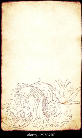 Fond avec poisson koi et fleur de lotus sur texture grunge de papier rétro. Bannière rétro verticale avec gravure de style oriental avec carpe japonaise et w Banque D'Images