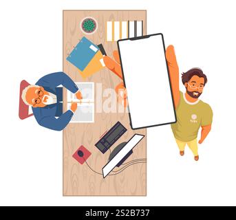 Vue de haut en bas sur les hommes d'affaires présentant le nouveau service téléphonique Illustration de Vecteur