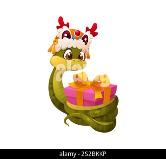 Personnage de serpent de bande dessinée de jour de la Saint-Valentin portant un chapeau de danse de lion chinois festif, tenant une boîte cadeau rose enveloppée avec un noeud doré. Vecteur reptile asiatique, animal serpent prêt pour CNY 2025 occasion festive Illustration de Vecteur