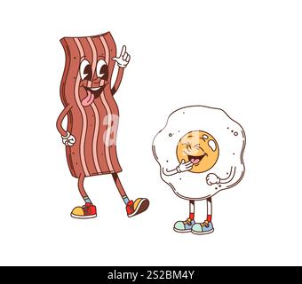 Dessin animé groovy bacon de restauration rapide et personnages d'œufs frits. Personnages vectoriels de dessin animé de repas de petit déjeuner de restauration rapide. Nutrition cholestérol et graisse groovy caractères mignons. Mascottes riant au bacon de porc et aux œufs Illustration de Vecteur