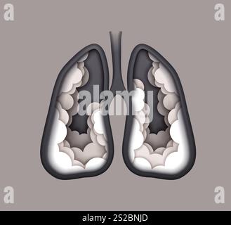 Poumons coupés en papier avec de la fumée de cigarette pour arrêter de fumer et la maladie du tabac, affiche vectorielle. Poumons malsains avec de la fumée de cigarette dans le papier coupé pour l'infographie médicale ou arrêter le tabac et l'affiche de santé Illustration de Vecteur