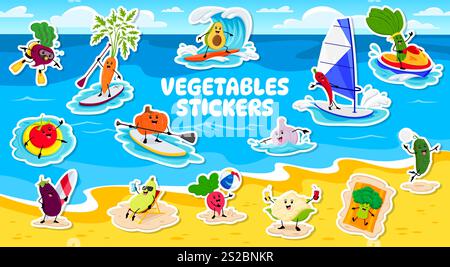 Personnages végétaux de dessin animé sur les vacances de plage d'été, pack d'autocollants. Betterave vectorielle, carotte, avocat ou tomate, citrouille et ail. Piment, épinards, aubergines et courgettes avec radis Relax Illustration de Vecteur