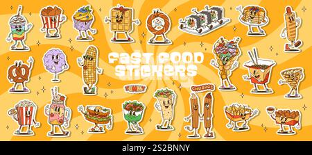 Groovy personnages fast food autocollants pack de boissons vectorielles, desserts et collations. Sandwich aux œufs hippie rétro, hot dog et frites, burrito, sushi, cuisses de poulet et pop-corn. Restauration rapide groovy drôle à emporter Illustration de Vecteur