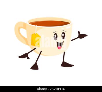 Personnage joyeux de tasse de thé chaud de dessin animé. Caractère drôle de dessin animé de boisson à base de plantes naturelles, tasse de porcelaine de thé noir de petit déjeuner avec le personnage vectoriel groovy isolé de Teabag. Mascotte de boissons chaudes Café Illustration de Vecteur