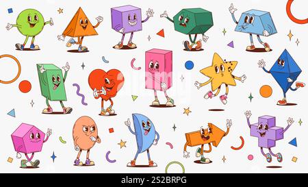 Personnages de forme géométrique groovy maths. Cercle de vecteur de dessin animé, triangle, cube, hexagone et carré, rectangle, coeur et ovale, croissant, flèche, croix, étoile ou losange, personnages excentriques et animés Illustration de Vecteur