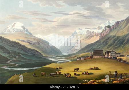 'Vue du village de Hinterrhein et du premier pont sur le Rhin intérieur ; prise vers le glacier de Rheinwald, Suisse, vue vers 1830, reproduction numérisée d'un original du XIXe siècle par Johann Ludwig Bleuler (12.02.1792 - 28.03.1850), dessinateur et peintre suisse', Blick auf das Dorf Hinterrhein und die erste Brücke über den inneren Rhein ; aufgénommen in Richtung Rheinwaldgletscher, 1830, Reichtyr. Jahrhundert von Johann Ludwig Bleuler (12.02.1792 - 28.03.1850), Schweizer Zeichner und Maler Banque D'Images