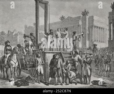 Révolution française. Exécution publique par guillotin de Maximilien Robespierre (1758-1794) et Louis Saint-Just (1767-1794) sur la place de la Révolution à Paris, le 10 Thermidor an II (28 juillet 1794). Dessin de H. Renaud. Gravure de Jonnard. Historique. Auteur : Paul Jonnard (1840-1902). Graveur français. Banque D'Images