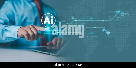 Intelligence artificielle pour rendre l'entreprise plus efficace, tenant à la main le symbole ai entouré d'icônes numériques et de flux de données, représentant artificiel in Banque D'Images