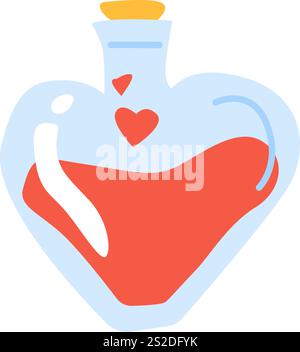 Bouteille en forme de coeur avec liquide rouge et motifs de coeur sur fond blanc. Illustration de Vecteur