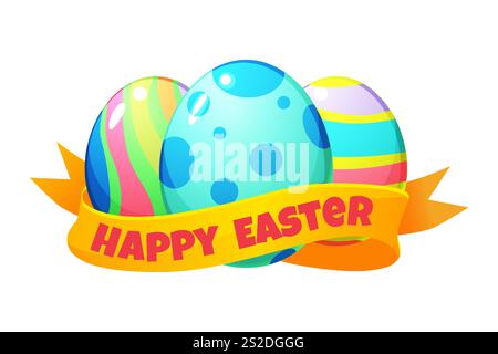Oeufs de Pâques colorés avec ruban doré pour votre carte de voeux, calendriers, autocollants ou icônes. Joyeuses Pâques Illustration de Vecteur