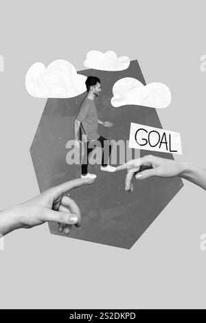 Photo créative collage image abstraite de jeune homme ambitieux réussi marchant des doigts surréalistes chemin son but de rêve isolé sur fond rose Banque D'Images