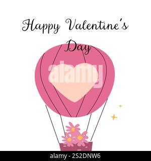 Ballon à air chaud à coeur rose avec des fleurs pour la fête de la Saint-Valentin. Illustration de Vecteur