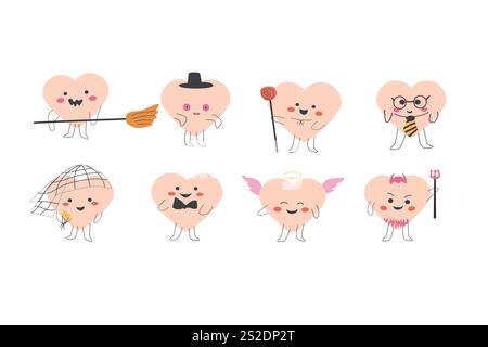 Charmants personnages de coeur de Saint-Valentin dans divers costumes et accessoires. Illustration de Vecteur