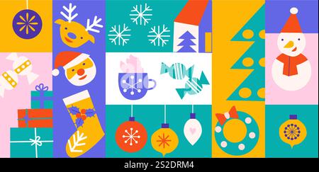 Festivités de vacances colorées : symboles et décorations de noël pour la joie saisonnière. Illustration de Vecteur