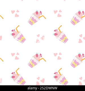 Modèle sans couture de milkshakes et de coeurs colorés à la fraise. Illustration de Vecteur