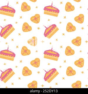Modèle sans couture de tranches de gâteau d'anniversaire et de biscuits en forme de coeur avec des bougies. Illustration de Vecteur