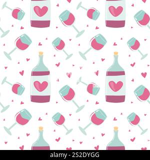 Motif en verre de coeur et de vin sans couture avec des bouteilles sur fond blanc. Illustration de Vecteur