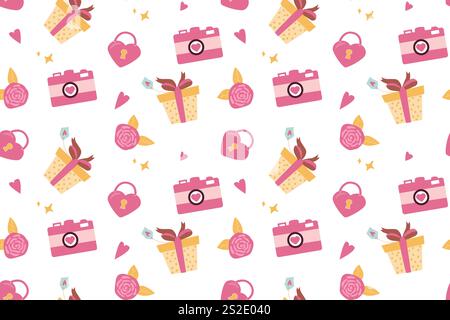 Motif mignon avec des cadeaux roses, des coeurs, des serrures et des fleurs dans un design ludique. Illustration de Vecteur