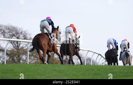 Vue générale des coureurs et des coureurs qui courent à Plumpton Racecourse dans le Sussex de l'est Banque D'Images