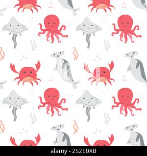 Motif animal marin mignon avec des illustrations de poulpe, de raie, de crabe et de phoque. Illustration de Vecteur