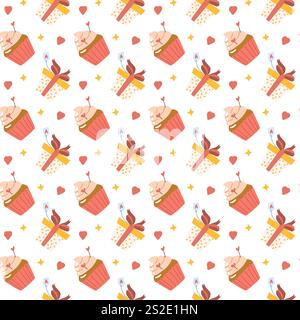 Modèle romantique de saint-valentin avec élément d'amour sur fond blanc. Cupcake sucré mignon et cadeau avec des coeurs. Motif Love enveloppant. Illustration de Vecteur