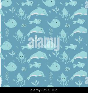 Motif d'animaux marins mignons avec des baleines, des poulpes et des dauphins sur fond bleu. Illustration de Vecteur