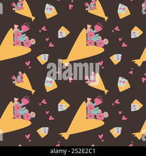 Modèle d'enveloppe floral sans couture avec des coeurs sur fond sombre. Illustration de Vecteur