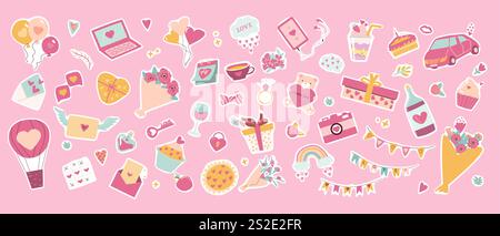 Collection colorée d'autocollants de Saint-Valentin, d'icônes mignonnes d'amour et de célébration sur fond rose. Ensemble d'ordinateur portable, fleurs, tarte, gâteaux, appareil photo, voiture et autres éléments romantiques. Illustration de Vecteur