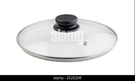 Nouveau couvercle de poêle en verre isolé sur blanc. Banque D'Images
