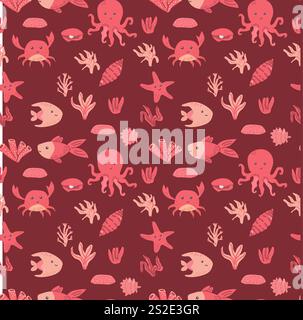 Motif de créatures océaniques sans couture avec poisson, poulpe, crabe, étoile de mer, corail. Illustration de Vecteur