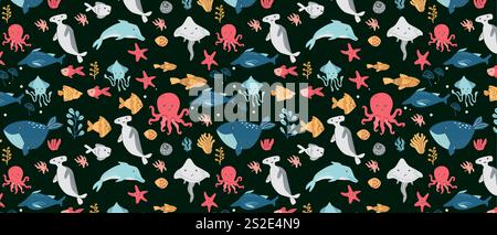 Motif marin coloré avec baleines, dauphins, requins et poulpes. Illustration de Vecteur