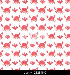 Crabe rose joyeux et motif de coeur sur fond blanc. Illustration de Vecteur